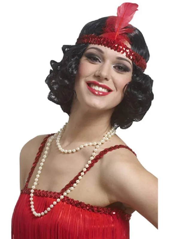 1920s Curly Black Flapper Costume Wig With Red Headband