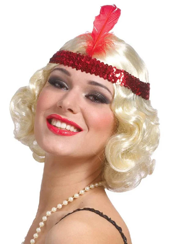 1920s Curly Blonde Flapper Costume Wig With Red Headband