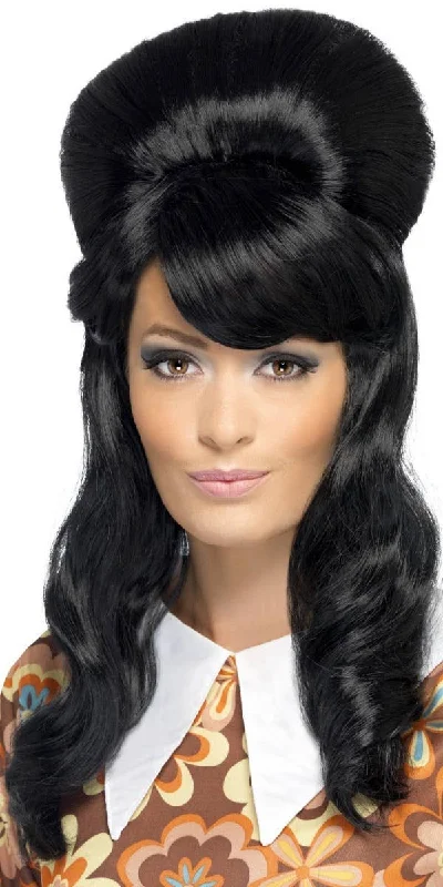 1960s Womens Black Brigitte Bouffant Beehive Costume Wig