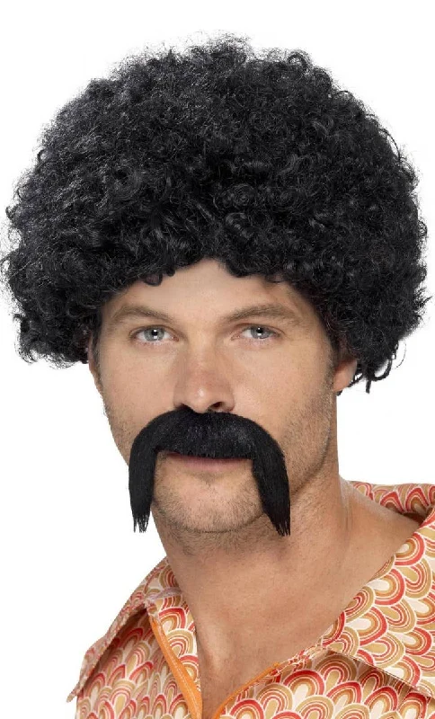 1970s Disco Dirtbag Black Wig and Moustache Set