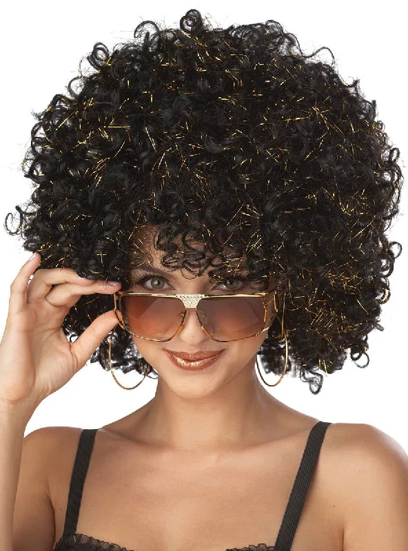 1970s Disco Glitter Womens Black Afro Costume Wig