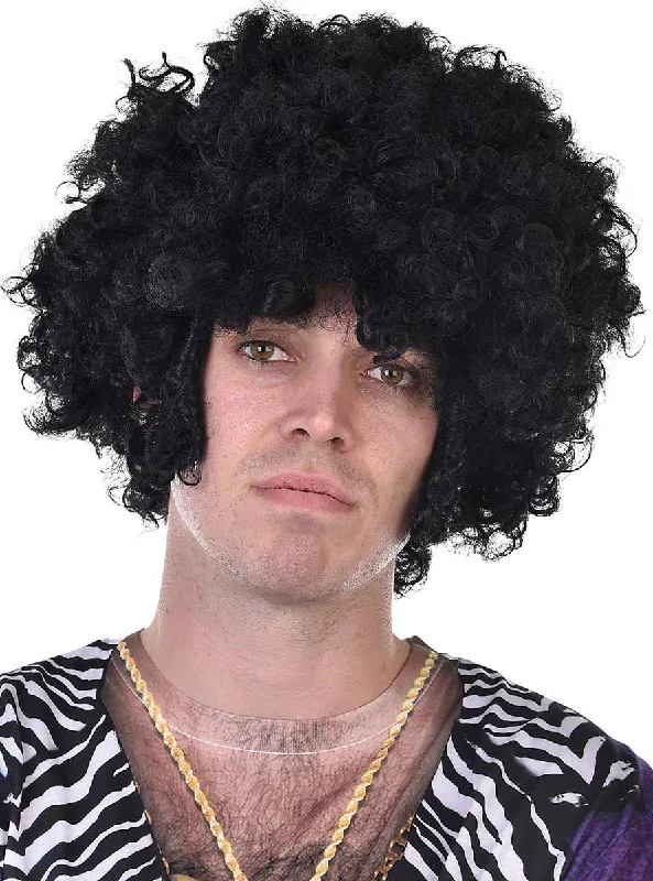 1970s Disco Mens Black Afro Wig with Side Chops