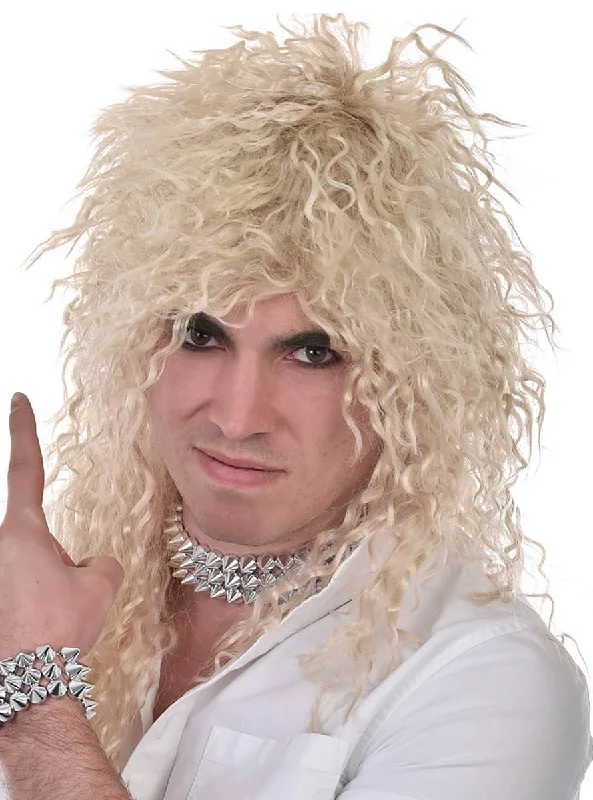 1980s Mens Crimped Blonde Rock Star Costume Wig