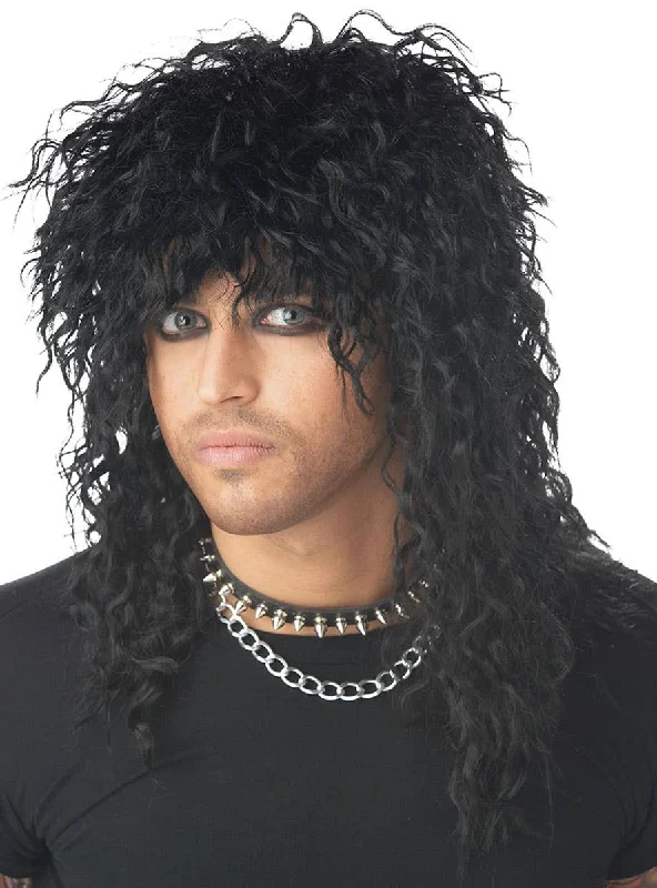 1980s Rock God Mens Black Headbanger Mullet Wig