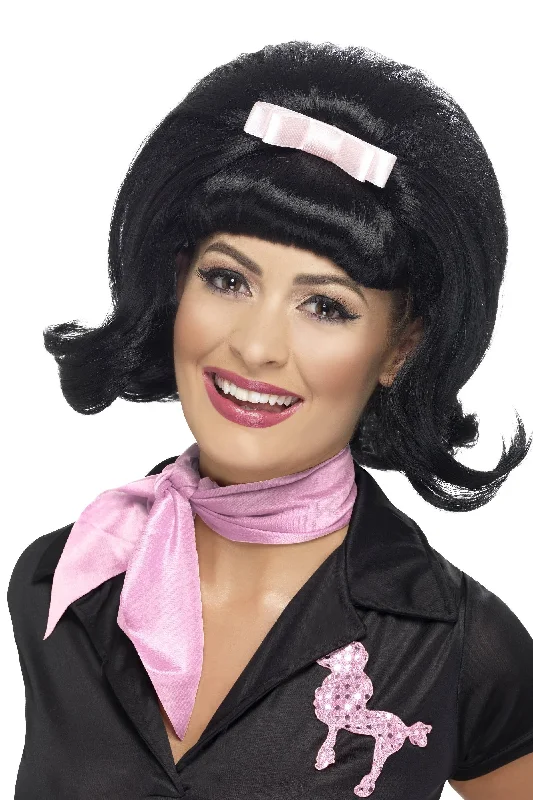 50s Flicked Beehive Black Bob Costume Wig