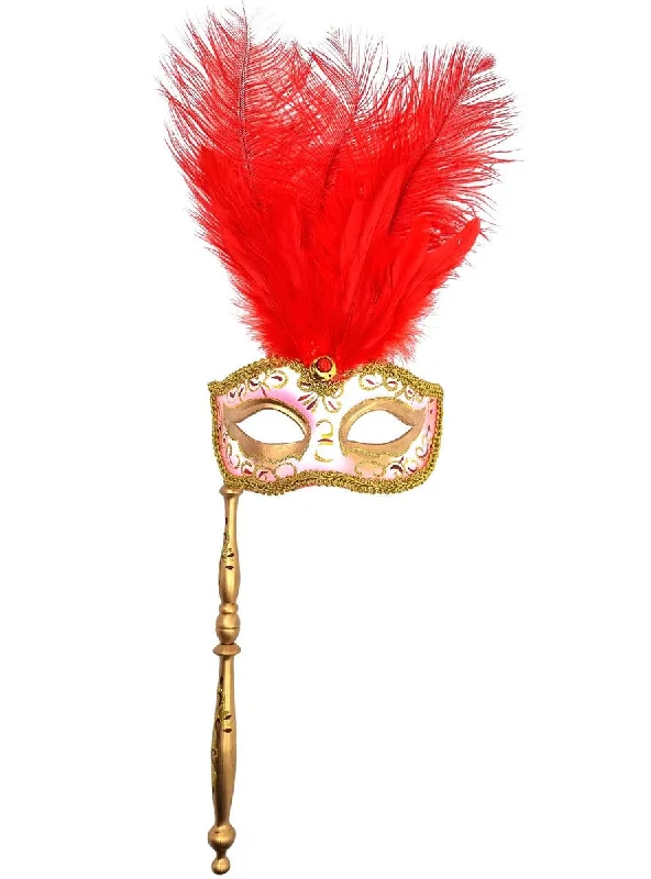 Baroque Fantasy Hand-Held Red Feather Masquerade Mask