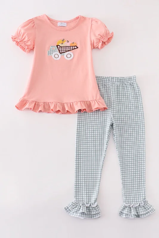 Coral truck pumpkin embroidery girl set