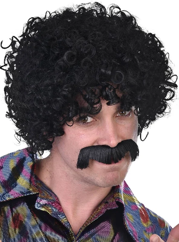 1970s Mens Black Afro Costume Wig and Moustache