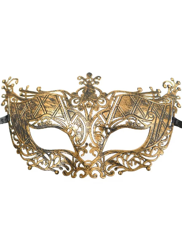 Aged Gold Filigree Masquerade Mask with Ribbon Ties