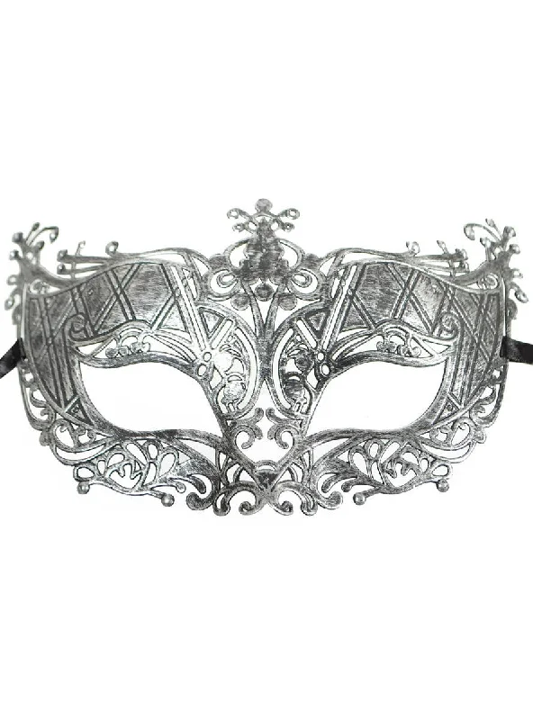 Aged Silver Filigree Masquerade Mask with Ribbon Ties