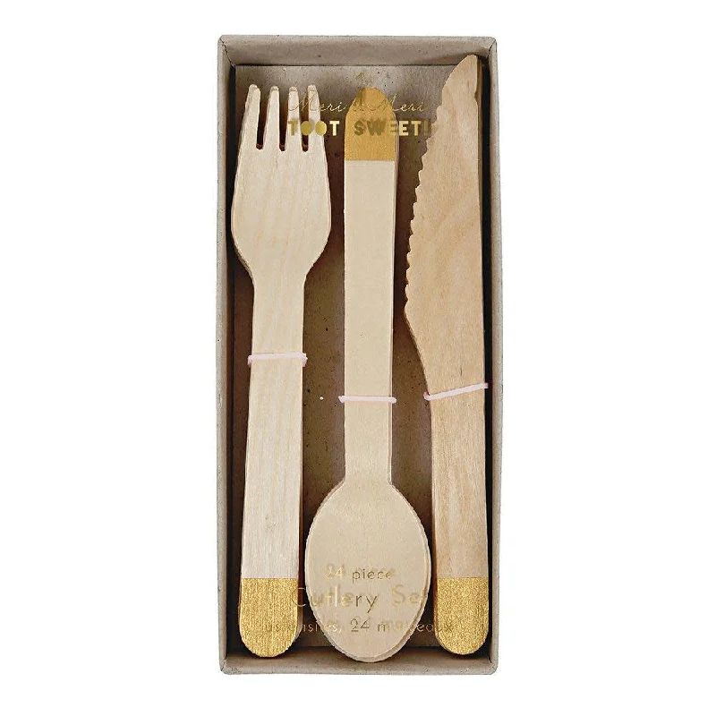 Gold Wooden Cutlery Set, Pack of 24