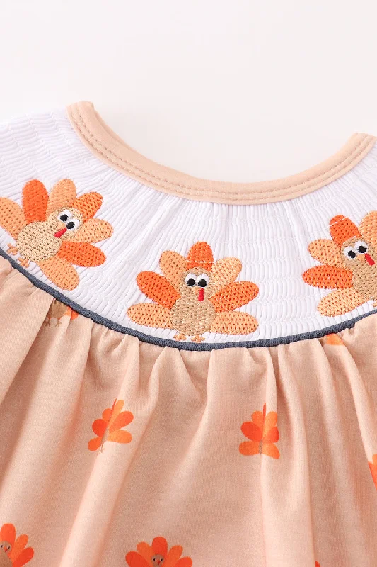 Khaki turkey embroidery smocked girl bubble