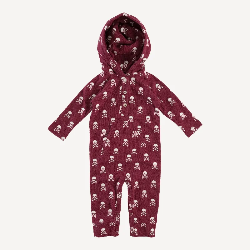 long sleeve hooded sport jumpsuit | red skulls | organic cotton terry