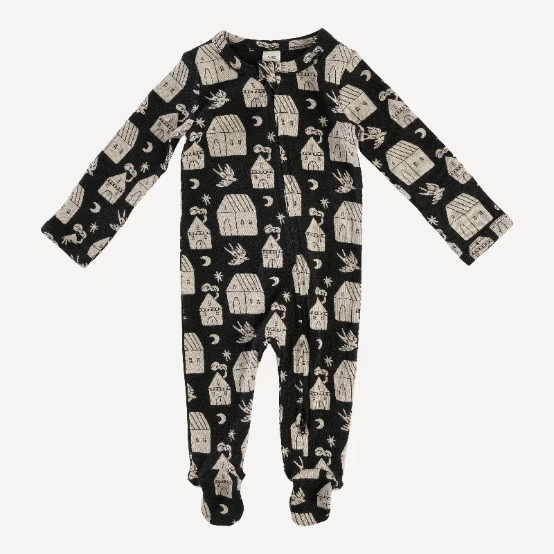 long sleeve two way zipper footie | little houses | organic cotton interlock