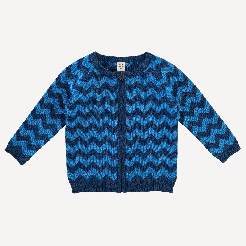 long sleeve zipper sweater cardigan | blue chevron stripe | organic cotton jacquard knit