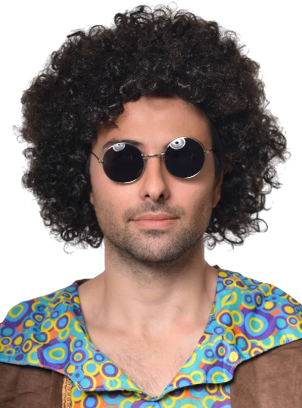 1970s Hippie Mens Natural Black Afro Costume Wig