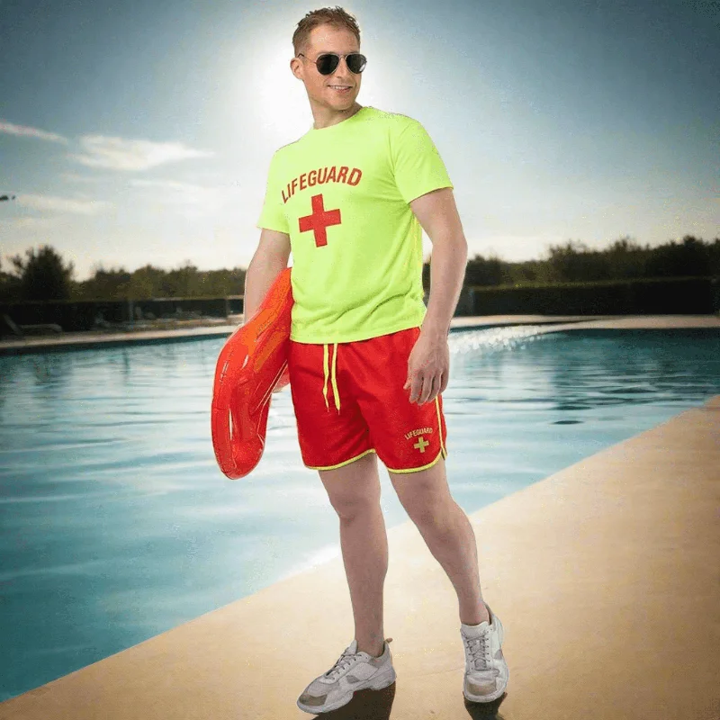 Mens Lifeguard Costume UV Glow Shorts T-Shirt Fancy Dress