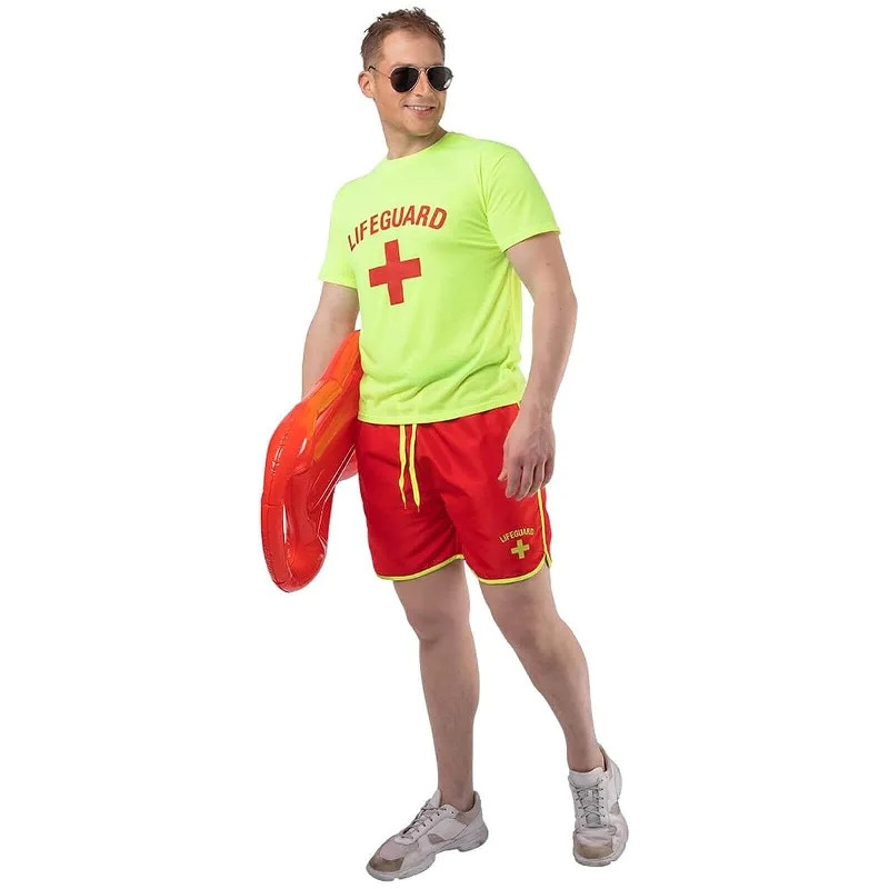 Mens Lifeguard Costume UV Glow Shorts T-Shirt Fancy Dress