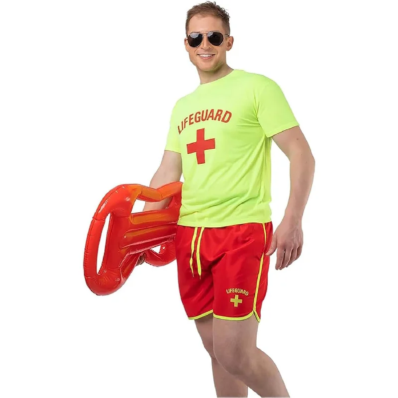 Mens Lifeguard Costume UV Glow Shorts T-Shirt Fancy Dress