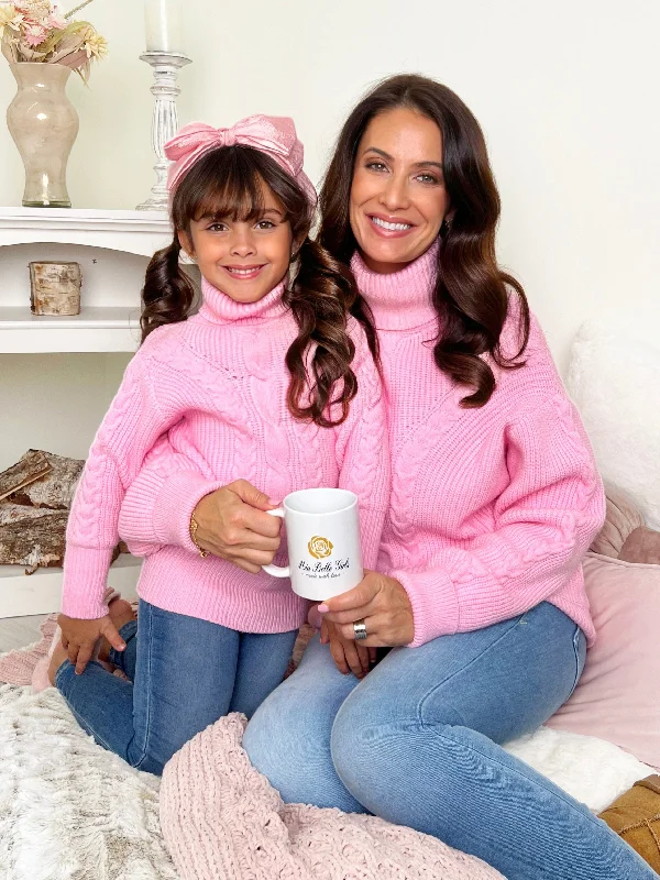 Mommy and Me Pink Oversized Cable Knit Sweater