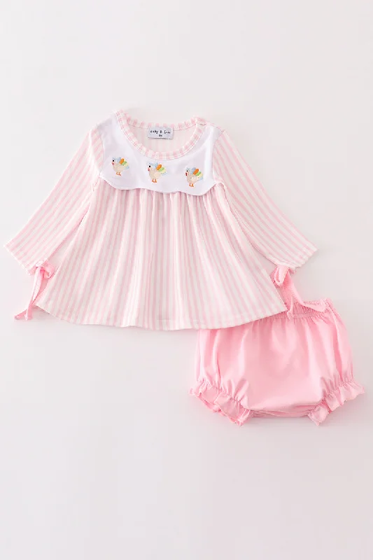 Pink stripe turkey embroidery baby set