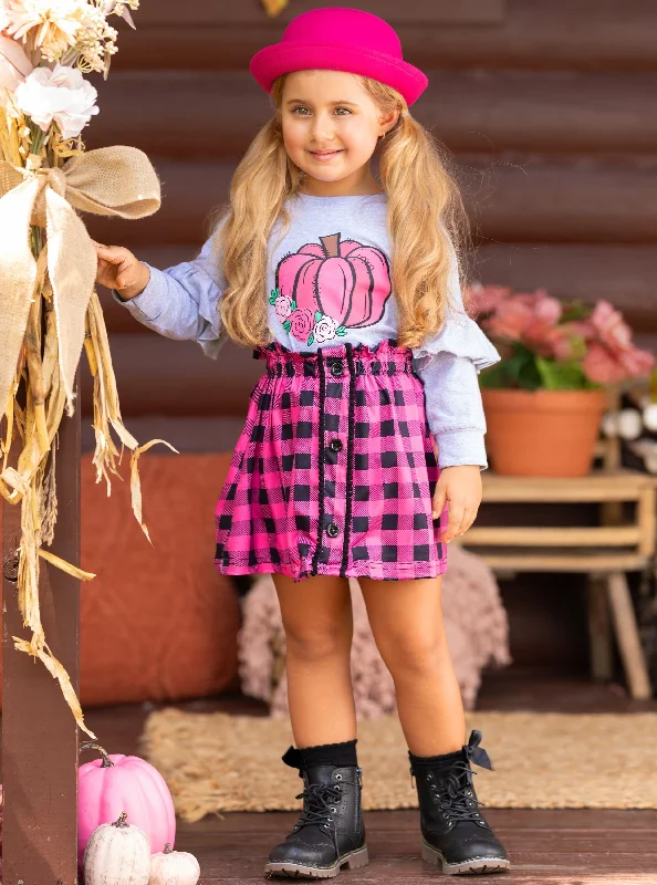 Pumpkin Preppy Ruffle Top and Plaid Skirt Set