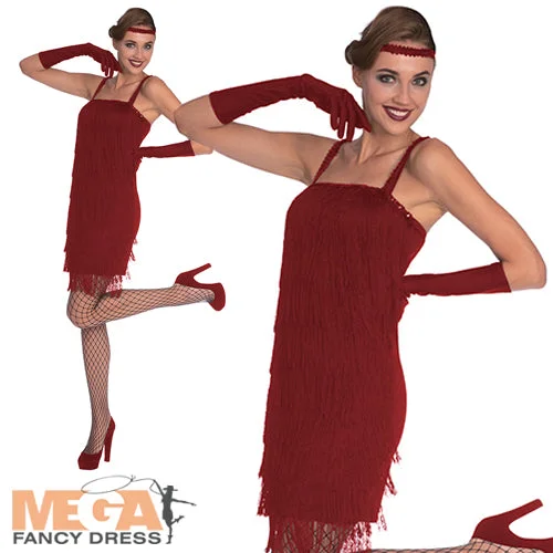 Ladies 20s Red Flapper Fancy Dress 1920s Charleston Gatsby Costume