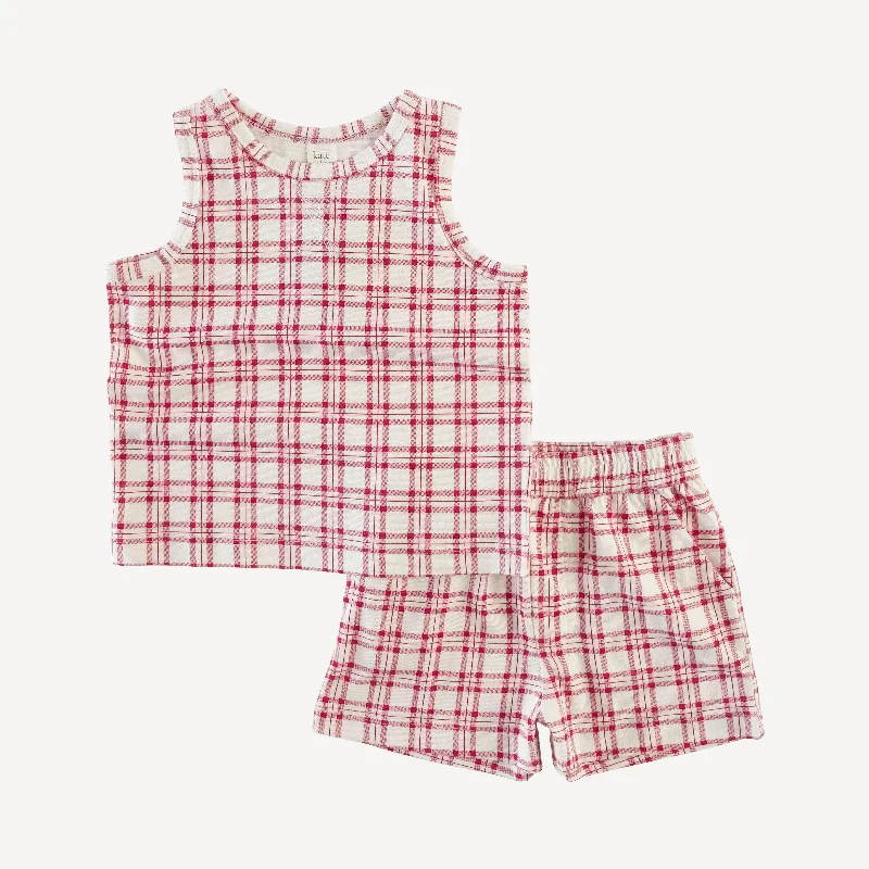 topstitch tank and relaxed short set | red plaid | organic cotton jersey