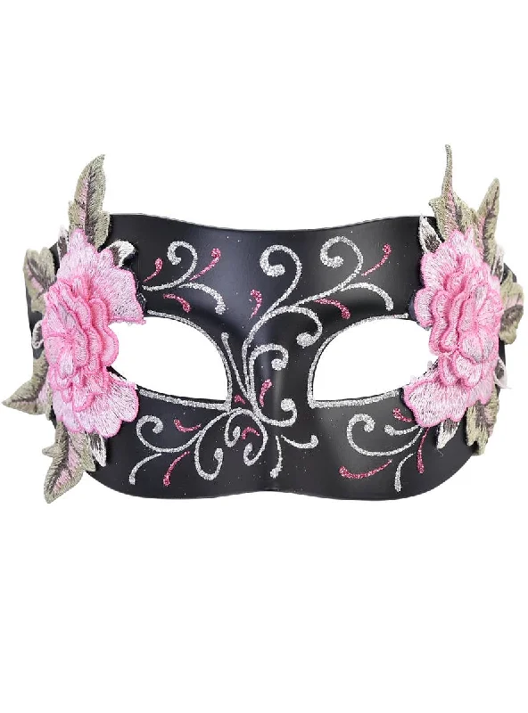 Aria Black Masquerade Mask with Pink Flower Embroidery