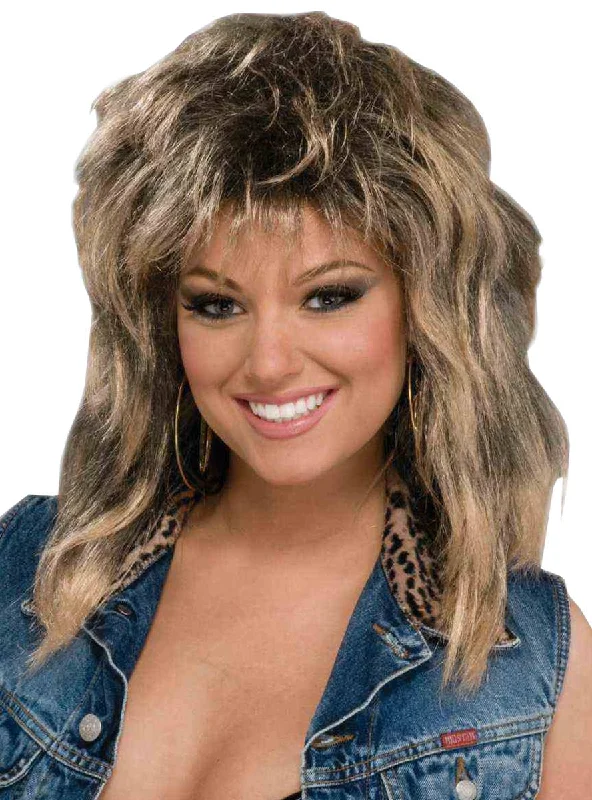 80s Groupie Womens Brown Mullet Costume Wig with Blonde Tips