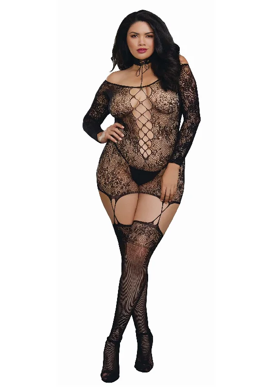 Women's Plus Size Black Lace Patterned Knit Garter Dress with Stockings