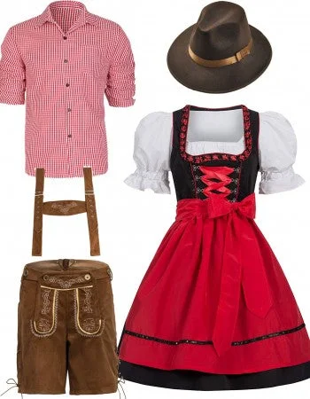 Premium Oktoberfest Red Lederhosen Alpine Couple Costumes